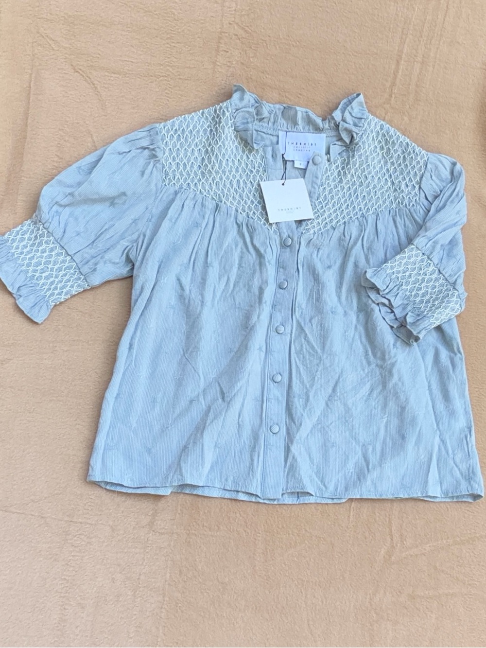 NWT The Shirt Rochelle Behrens Smocked Blue White Striped Star Blouse Small
